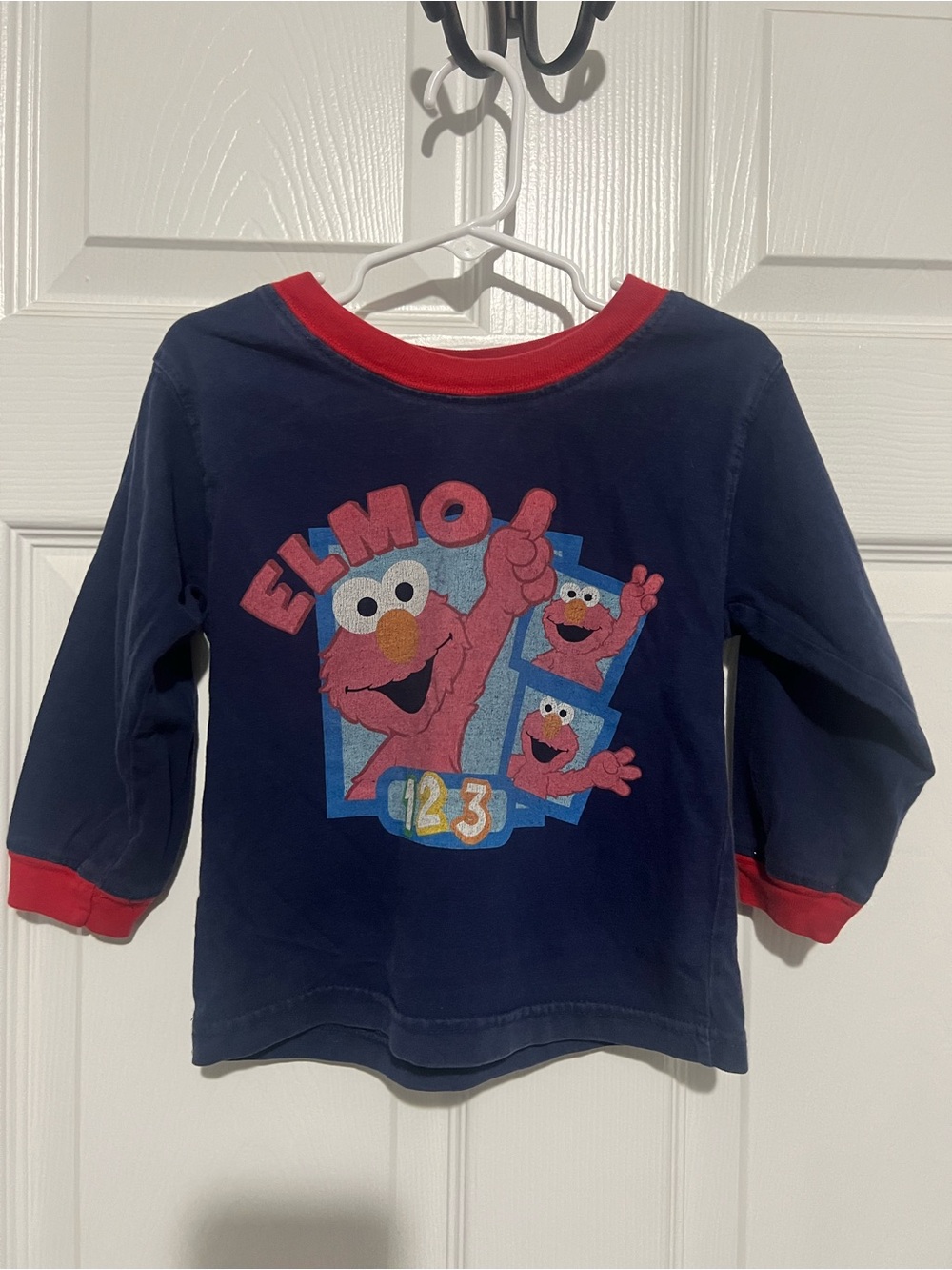 Vintage Sesame Street Elmo Navy Blue Long-Sleeve Tee with Red Trim